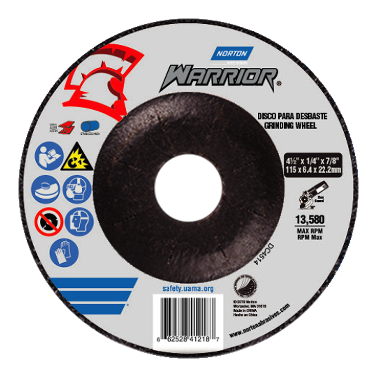 DISCO DESBASTE 4-1/2" X 1/4" X 7/8" 13,500 RPM, ACERO AL CARBON E INOXIDABLE WARRIOR NORTON