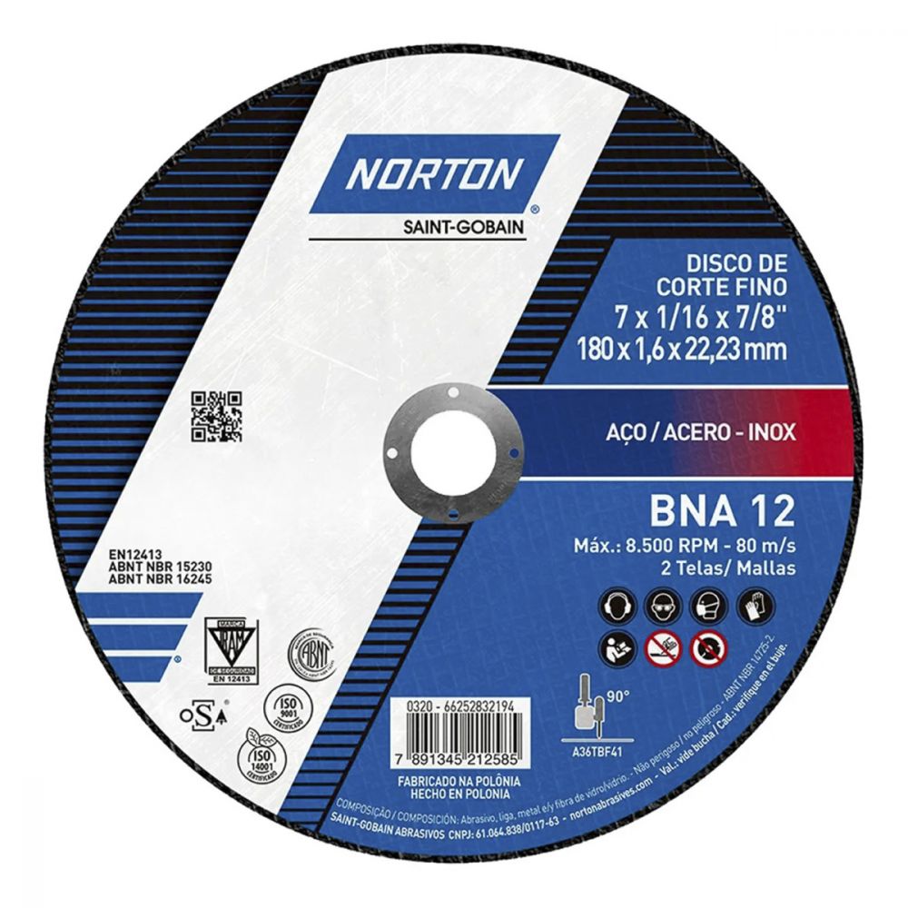 DISCO DE CORTE DE 7" X 1/16" X 7/8" 8,600 RPM, ACERO AL CARBON E INOXIDABLE BNA12 NORTON