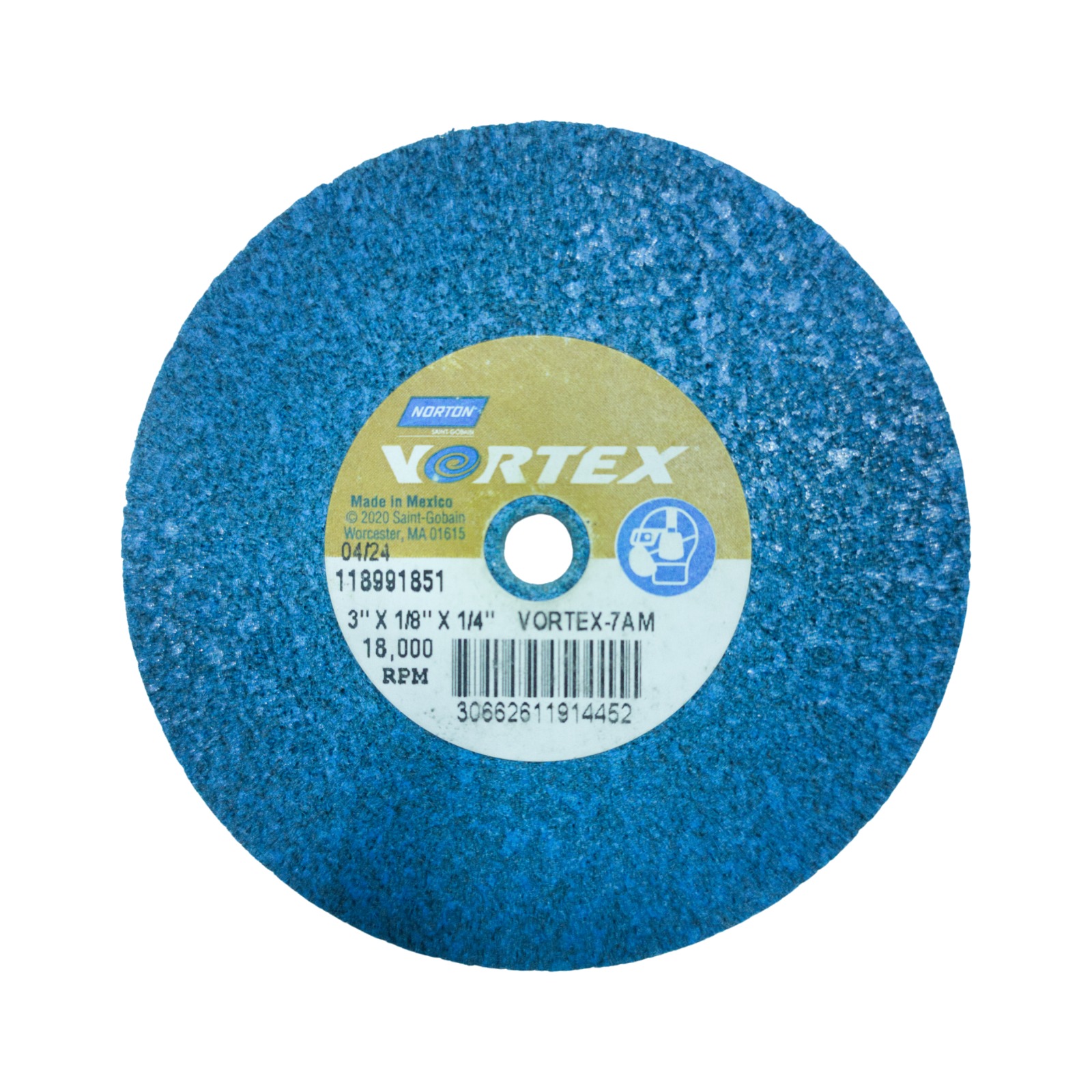 RUEDA DE FIBRA UNIFICADA VORTEX DE 3" X 1/8" X 1/4" 7AM. MAX RPM: 18,000 NORTON